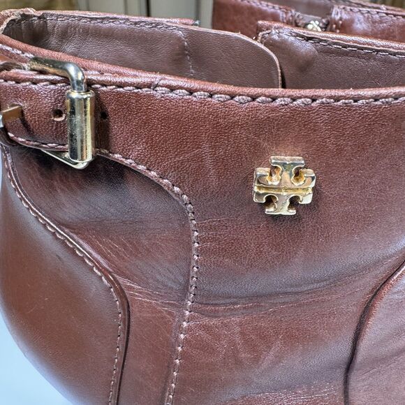 Tory Burch Milan Brown Leather Wedge Ankle Boots Size 6.5M Side Zip Logo Buckle - Picture 7 of 13